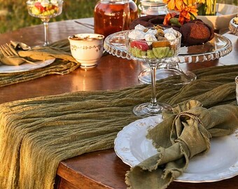 Dark Sage Green Gauze Table Runner and Cotton Napkins Set, Wedding Table Linens, Cheesecloth Runner, Boho Rustic Table Decor