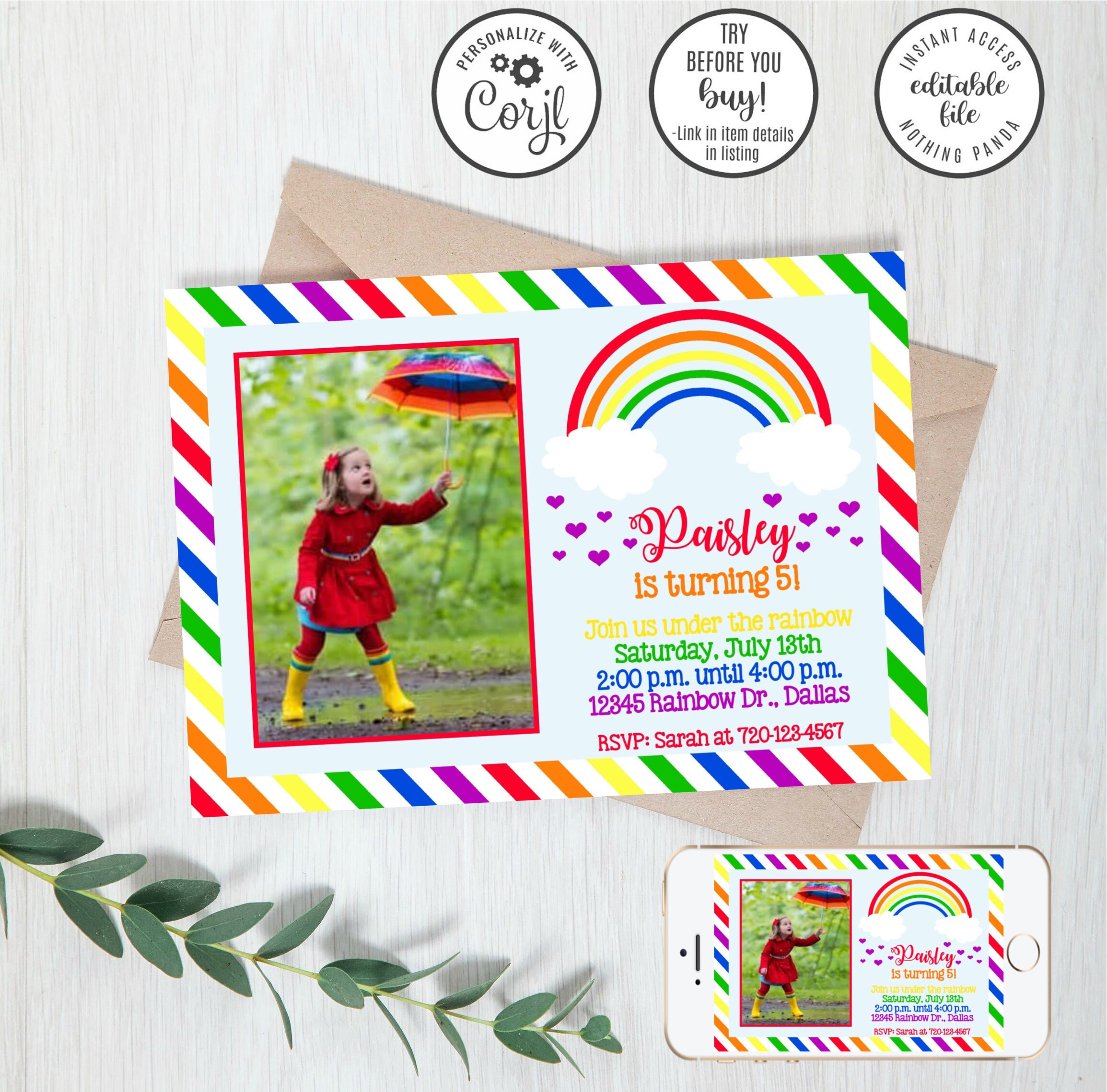 Editable Rainbow Invitation Rainbow Birthday Invitation Etsy
