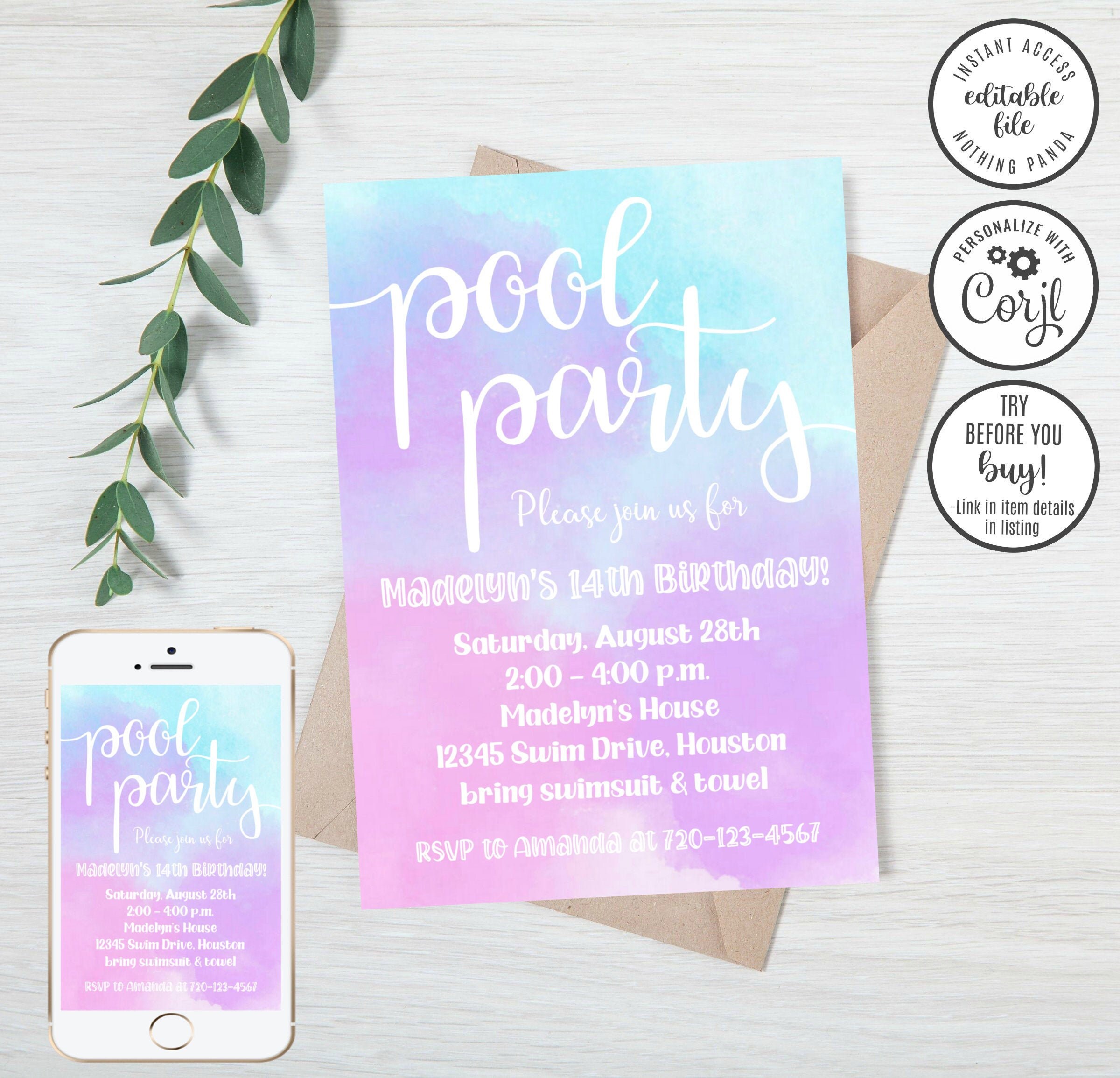 EDITABLE Pool Party Invitation | Pool Birthday Invitation | Teen Pool…