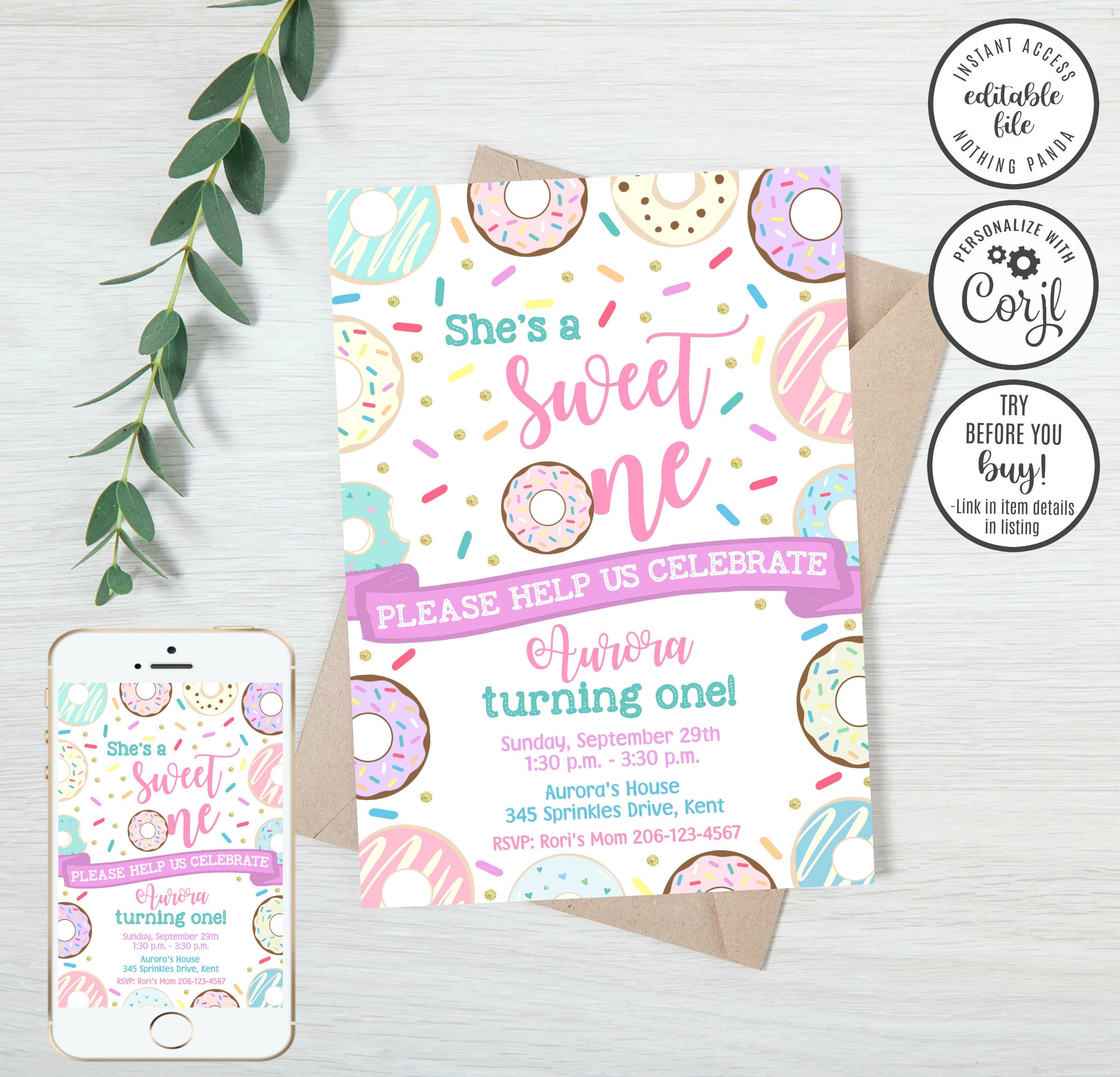 Editable Donut Birthday by Mail Invitation First Birthday 1st by Mail Invitation 100 Sprinkle by Mail Invitation