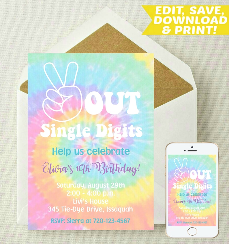 EDITABLE TieDye Invitation 10th Birthday Invitation Etsy