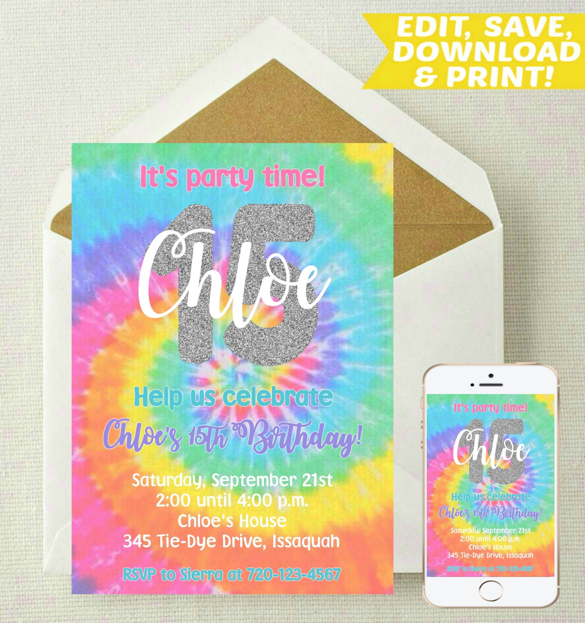 editable tie dye invitation tie dye birthday invitation etsy