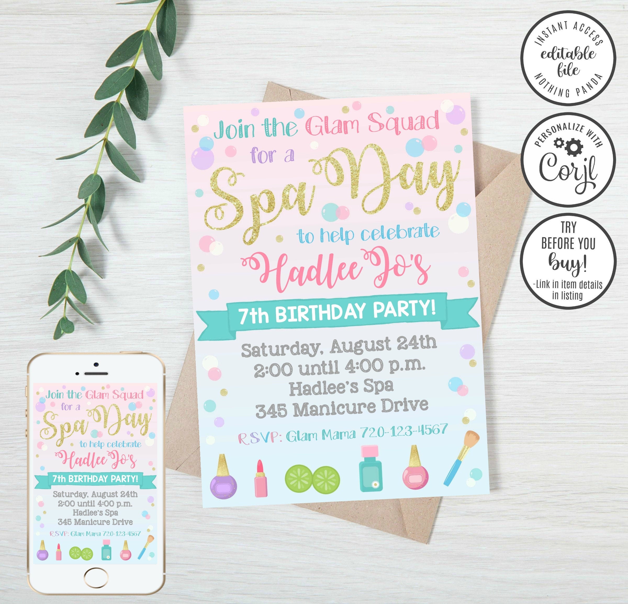 EDITABLE Spa Invitation Spa Birthday Invitation Spa Invite Etsy Canada