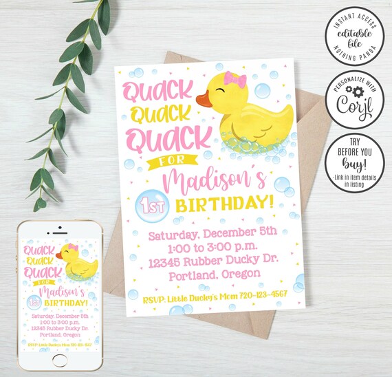 EDITABLE Girl Rubber Ducky Invitation Duck Birthday | Etsy
