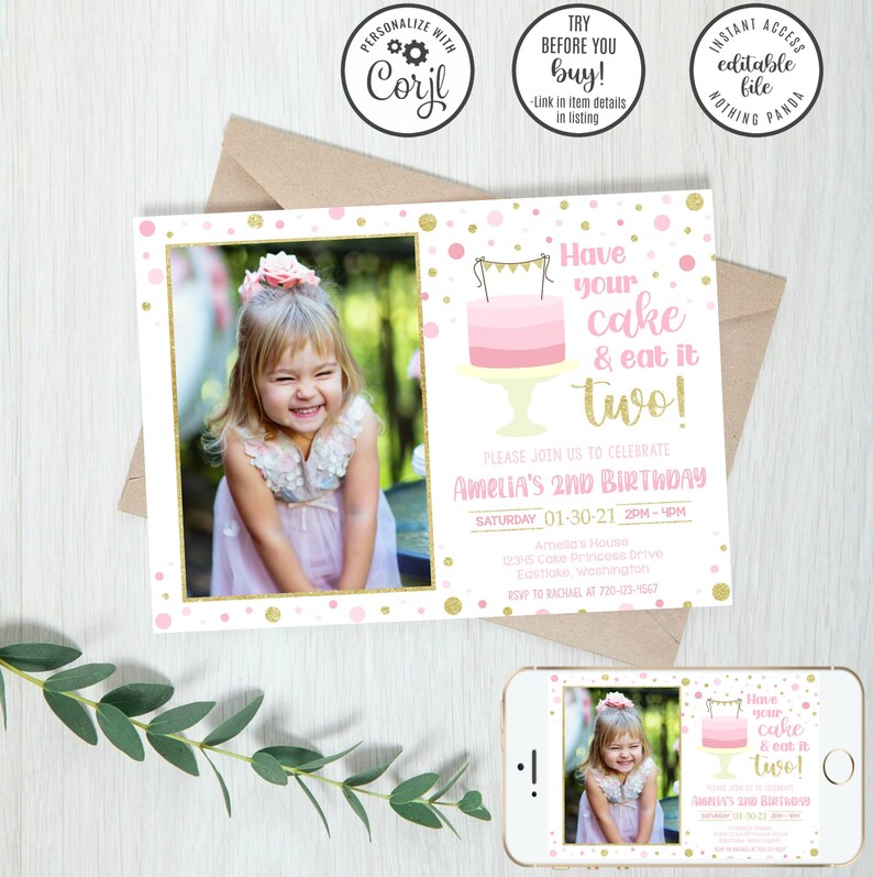 EDITABLE Have Your Cake and Eat It Two Invitation Girl 2nd Etsy