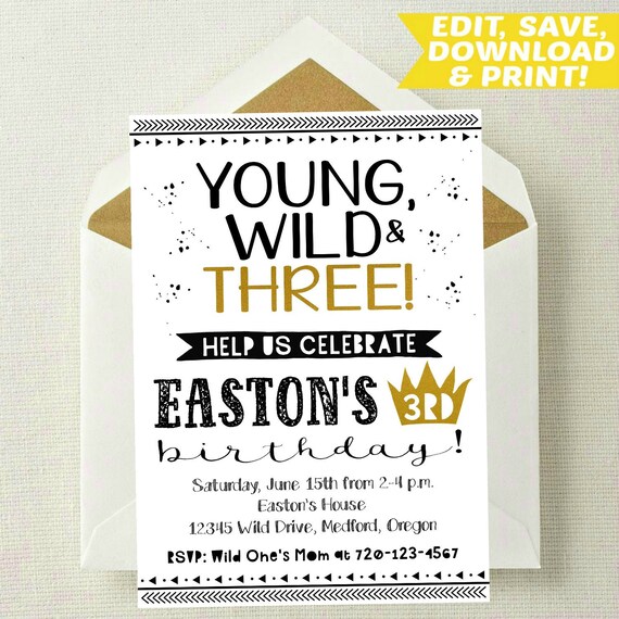 Editable Young Wild And Three Invitation Boy 3rd Birthday Etsy