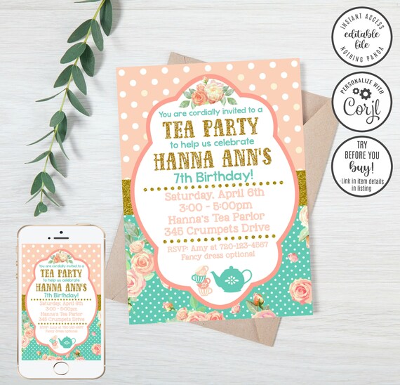 Editable Tea Party Invitation Tea Party Birthday Invitation Etsy