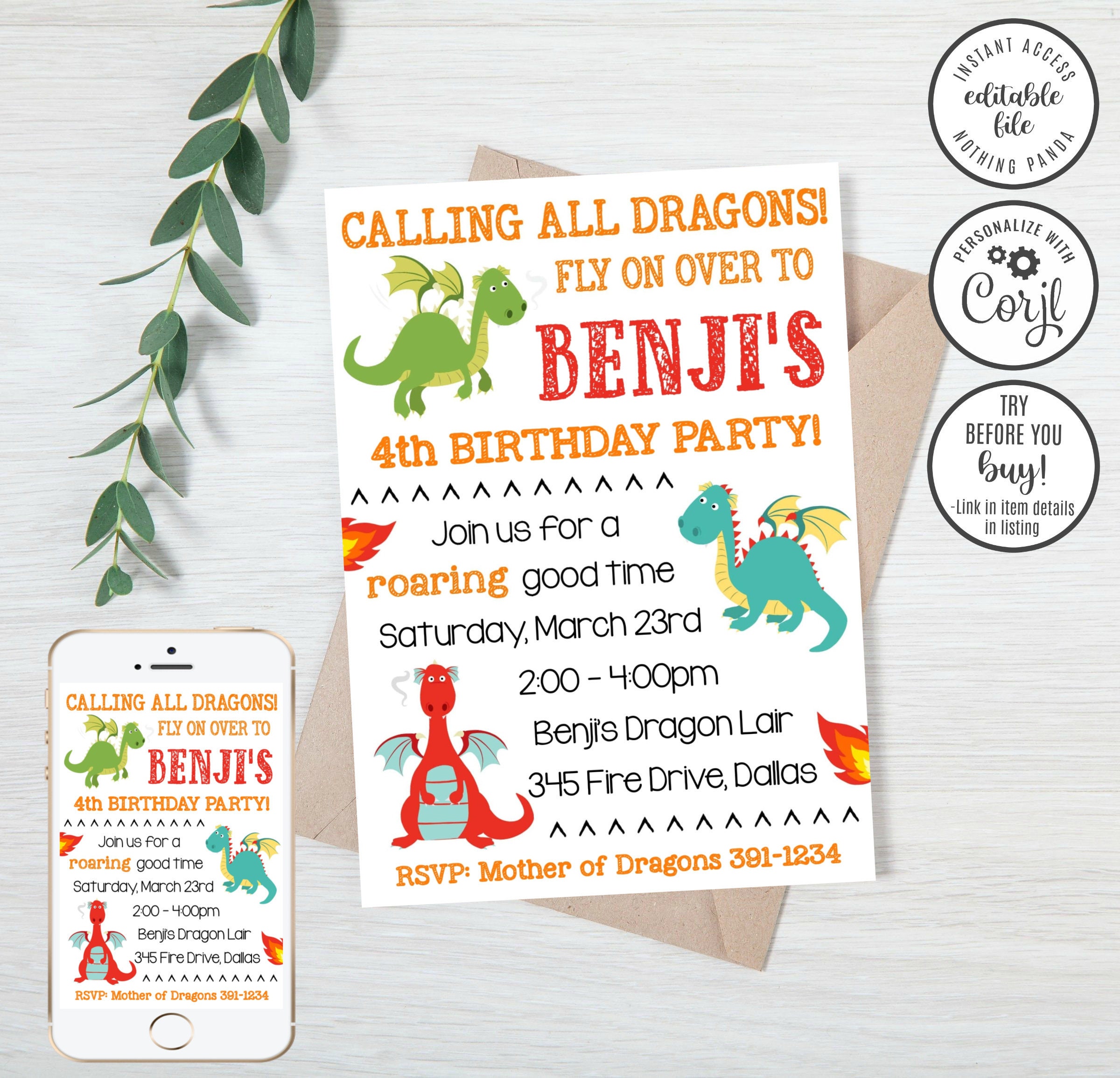 Editable Dragon Invitation Dragon Birthday Invitation Etsy
