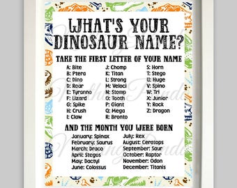 Dinosaur Birthday Party // Dinosaur Name // Dinosaur Birthday // What's Your Dinosaur Name // Dinosaur Party Sign // Dinosaur Party Game