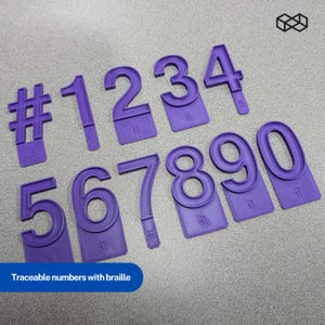 May include: A set of purple plastic traceable numbers from 0 to 9 and a hashtag symbol. Each piece features a raised numeral or symbol on a rectangular base with corresponding braille dots embossed at the bottom of each individual plastic unit.