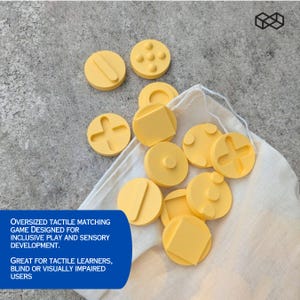 May include: Yellow tactile matching game pieces with various raised shapes, including circles, squares, and crosses, spilling from a white cloth bag. The text on the image says: "Oversized tactile matching game designed for inclusive play and sensory development."