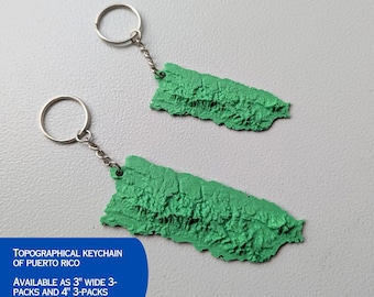 Sleutelhangers met topografische afbeelding van Puerto Rico | 3D-geprint topografisch reliëf | Cadeau uit Puerto Rico | Set van 3
