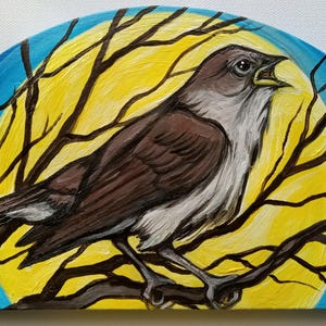 Original Painting. Slava Ukraini. Glory to Ukraine.  12x6inch. Acrylic on half circle canvas. Bird Art. Nightingale art. Bird Totems.