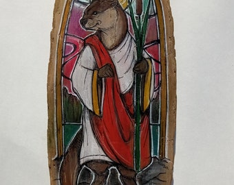 Original Piece. St. Otter. Parton Saint of Play.10x 4 inches. Ink and Pastel on driftwood. Otter art. River Otter Art. Spiritual Art. Otter.