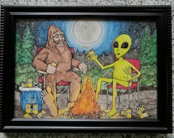 Photo print. Sasquatch and Alien. Tall Takes by the campfire.  5x7 inch, framed photo print. Signed by Artist.  Sasquatch Art. Alien art.