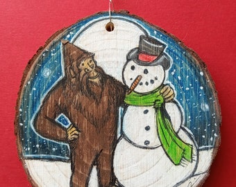 Original Art Ornament.  Sasquatch and Snowman. Roughly 3 inches in diameter. Bigfoot art. Sasquatch art. Ornaments. Bigfoot Ornament.