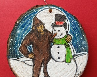Original Art Ornament.  Sasquatch and Snowman. Roughly 3 inches in diameter. Bigfoot art. Sasquatch art. Ornaments. Bigfoot Ornament.