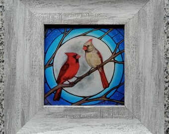 Framed photo print. Reunion. Cardinal Magic. 4x4 inch image size. Signed by artist. Framed. Limited edition. Bird Art. Cardinal Art. Moon.