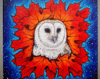 Original Painting. Barn Owl Totem in Maple Leaves. 10x10 inch. Acrylic on canvas. Barn Owls. Owl Art. Barn Owl art. Bird Art. Totems.