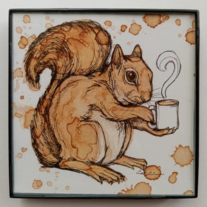 May include: A watercolor painting of a brown squirrel holding a white coffee mug with steam rising from it. The background is white with brown coffee stains.