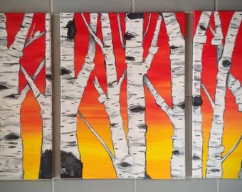 Original Painting. Sunset Birches. Second Edition. 3 piece set. Each canvas is 18x24 inch. Acrylic on Canvas. Birch tree painting. Tree art.