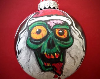 Original Art. Discounted 2022 ornament. Spooky Santa Ornament. 3.15 inch round ball. Acrylic on Black Plastic. Ornaments.Zombie art.