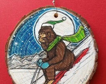 Original Art Ornament.  Sledding Sasquatch. Roughly 3 inches in diameter. Bigfoot art. Sasquatch art. Ornaments. Bigfoot Ornament.