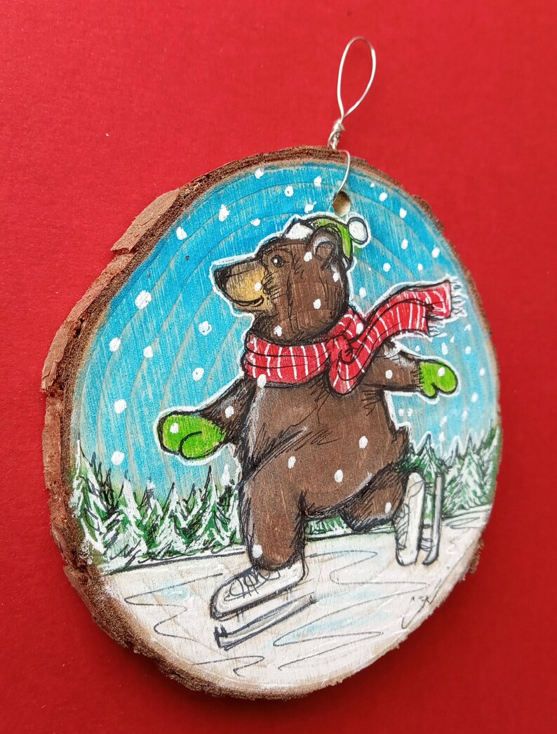 Original Art Ornament. Ice Skating Grizzly. Roughly 3 inches in diameter. Bear art. Ornaments. Bear Ornament. Bears. image 3