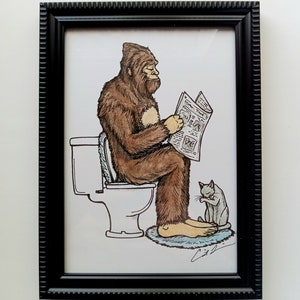 Framed print. Bigfoot Bathroom Buddies. Part two, Nature Calls. 5x7 inch. Bathroom art. Bigfoot on the Toilet. Bigfoot art. Sasquatch. image 2