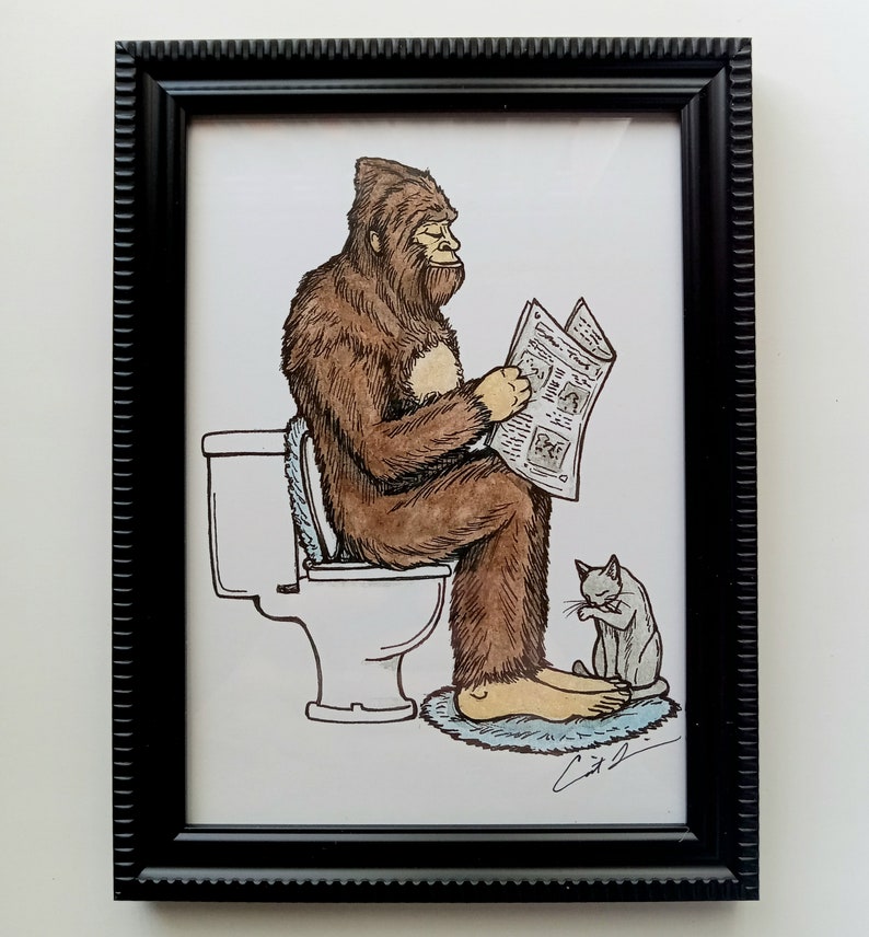 Framed print. Bigfoot Bathroom Buddies. Part two, Nature Calls. 5x7 inch. Bathroom art. Bigfoot on the Toilet. Bigfoot art. Sasquatch. image 2