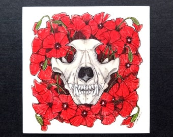 Vinyl Sticker. Wolf Skull in Poppies. 3x3inches. Based on original art, created in ink and pastel. Wolf Skull art. Poppy art. Skull sticker.