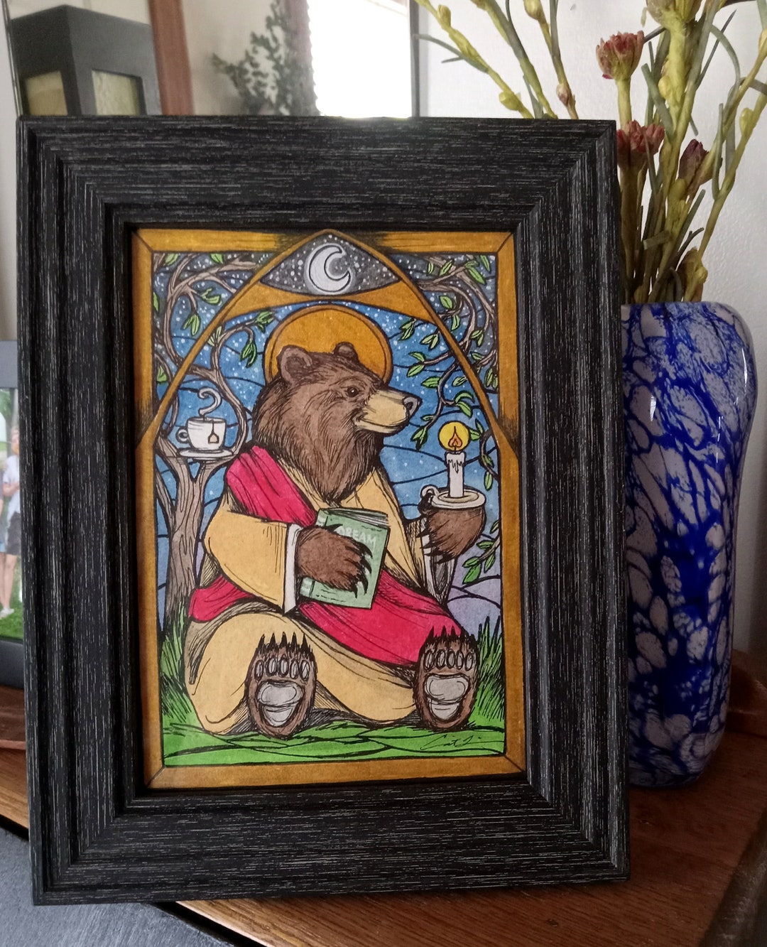 Original Piece. Saint Bear. Patron Saint of Dreams. 5x7 Inch. Ink and