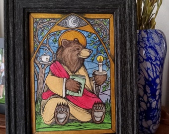 Original  Piece. Saint Bear. Patron Saint of Dreams. 5x7 inch. Ink and watercolor. Bear art. Saints. Dream art. Dreams. Animal lovers.