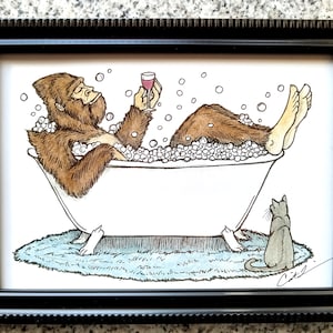 Framed Bigfoot in Bathtub Art Print, Funny Bathroom Decor (5x7 inch)