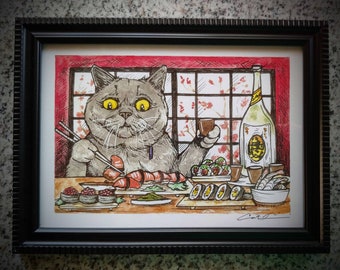 Framed print. Tilly's Sushi. 5x7 inch.  Cat art. Kitchen decor. Sushi art. Sushi. Kitchen art.