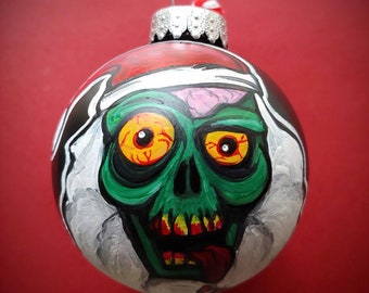 Original Art. Discounted 2022 ornament.Spooky Santa Ornament. Zombie Claus. 3.15 inch round ball. Acrylic on Black Plastic. Zombie art.