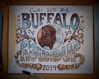 Original art print poster. Buffalo RoundUp, 2019. 16x20 inch. Limited edition. Signed and numbered by artist. Buffalo art. Bison art.