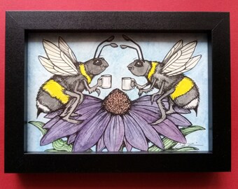 Original Piece. Pollinators Get Coffee. Bee Magic. 4x6 inch. Framed. Ink and Watercolor. Bees. Bee art. Coffee art. Wildflowers. Bee lover.