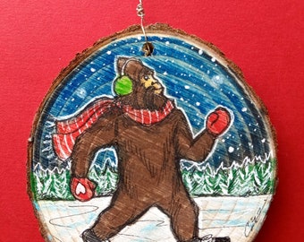 Original Art Ornament.  Skating Sasquatch. Roughly 3 inches in diameter. Bigfoot art. Sasquatch art. Ornaments. Bigfoot Ornament.