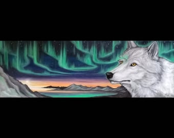 Original Painting. Arctic Oracle. Arctic Wolf Magic. 8x24 inches. Acrylic on canvas. Arctic wolf art. Wolf Art. Northern lights art. Wolf.