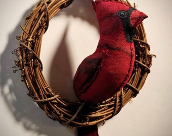 Original Art. Cardinal on Grapevine. Third edition. Soft sculpture. Hand sewn from recycled t-shirts. Roughly 6 x6.5 inches. Cardinal art.