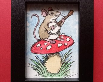 Original piece. Little Banjo Player on Mushroom. 2.5x3.5 inch. Framed watercolor painting. Tiny art. Mouse art. Banjo art. Mushroom art.