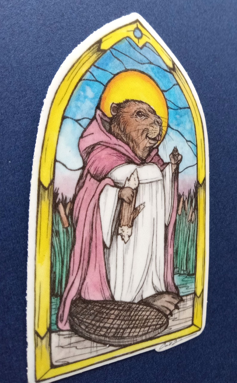 Vinyl sticker. St. Beaver. Parton Saint of Getting Things Done. 3.25x1.75 inches. Inspired by original piece. Beaver art. Animal Saints. image 3