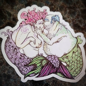 Magnet. Kissing Merfolk. 3x2.64 inch. Refrigerator Magnet. Mermaid art. Inspired by original design. Mermaid magnets. Free shipping.