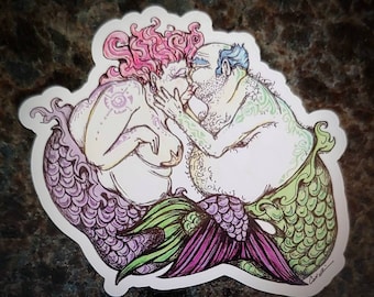 Magnet. Kissing Merfolk. 3x2.64 inch. Refrigerator Magnet. Mermaid art. Inspired by original design. Mermaid magnets. Free shipping.