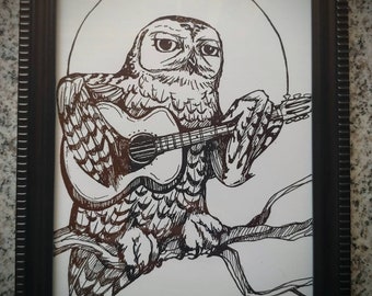 Snowy Owl with Guitar. 5 part Bluegrass Owl Series. 5x7inch Framed Art Print. Owl Art. Guitar. Owl decor. Bluegrass music.