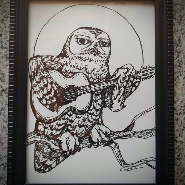 Snowy Owl with Guitar. 5 part Bluegrass Owl Series. 5x7inch Framed Art Print. Owl Art. Guitar. Owl decor. Bluegrass music.