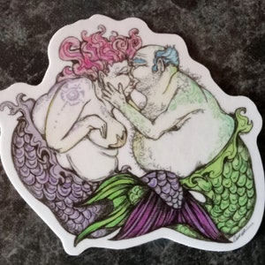 Vinyl sticker. Kissing Merfolk. 2.25x2.75 inches. Inspired by original piece. Merfolk. Mermaid art. Merman art. Mermaid stickers. image 1