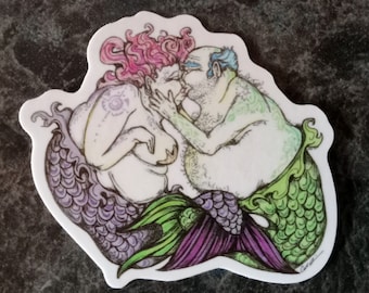 Vinyl sticker. Kissing Merfolk. 2.25x2.75 inches. Inspired by original piece. Merfolk. Mermaid art. Merman art. Mermaid stickers.