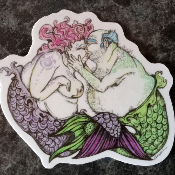 Vinyl sticker. Kissing Merfolk. 2.25x2.75 inches. Inspired by original piece. Merfolk. Mermaid art. Merman art. Mermaid stickers.